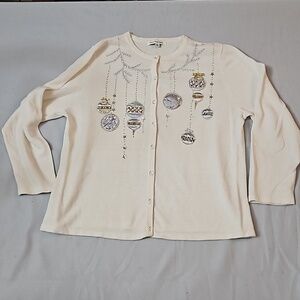 Mercer Street Studio Holiday Sweater sz XL Cream Gold & Silver Ornaments